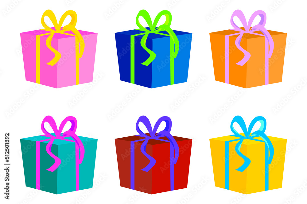 Flat colored gift boxes. Happy birthday Gift box icon. Vector illustration. Stock image. Flat colored gift boxes. Happy birthday Gift box icon. Vector illustration. Stock image.