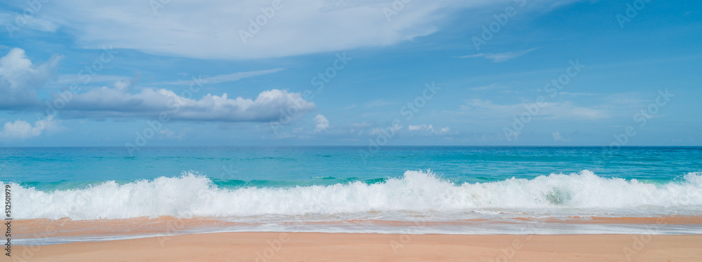 softwave and sand on beach and blue summer sky. Panoramic beach landscape. Empty tropical beach and seascape. soft sand, calmness, tranquil relaxing sunlight, summer mood banner cover background.