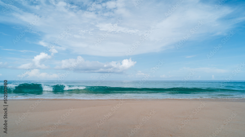 softwave and sand on beach and blue summer sky. Panoramic beach landscape. Empty tropical beach and seascape. soft sand, calmness, tranquil relaxing sunlight, summer mood banner cover background.