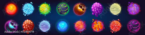 Fantasy alien planets for ui space game. Vector cartoon icons set of magic fantastic world, cosmic objects different colors with bubbles, cracks and spirals. Cute planets and moons collection