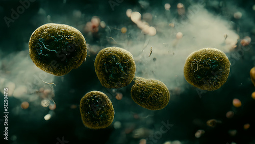Drug resistant bacteria floating in medium, bacterium macro  3d rendering photo