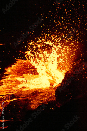 Close-up exploding lava - Erta Ale Lava Lake after sunset, Danakil Depression, Afar Region, Ethiopia
