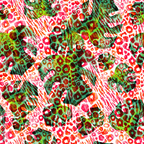 Leopard skin and tropical leaves mix print. Seamless tropical pattern