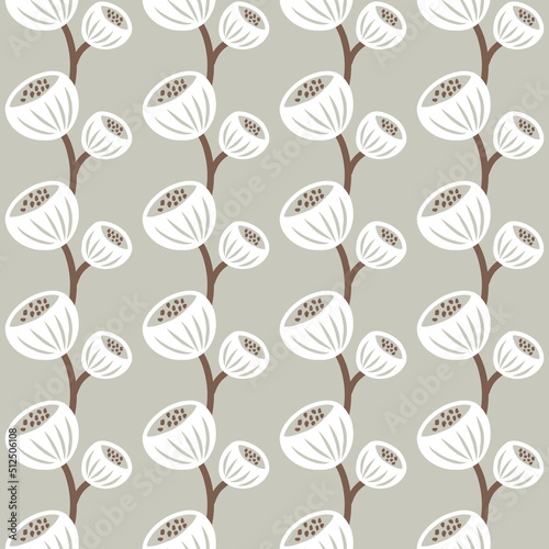 Seamless Pattern Design with abstract floral elements in neutral colors. White and brown flowers on light gray background.