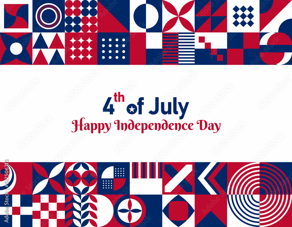 Happy 4th of July Abstract Independence Day Background. Freedom Day Annual American holiday celebration poster. Horizontal banner vector illustration. Neo Geometric pattern concept graphic resource