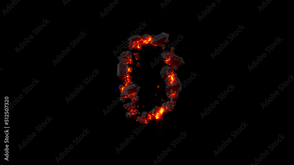 number 0 made of very hot fire rocks on black, isolated - object 3D illustration
