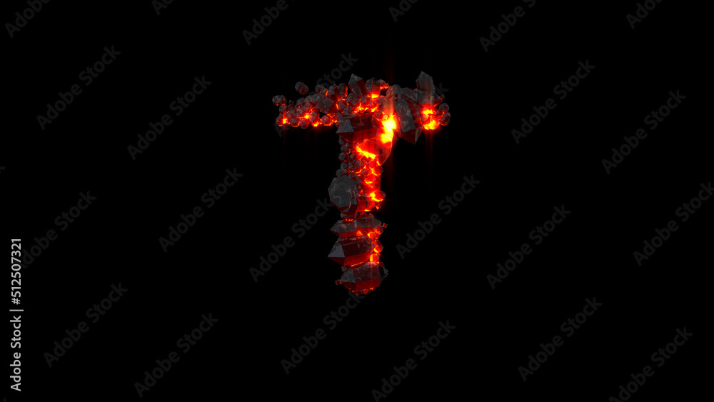 Fototapeta premium letter T made of very hot lava rocks on black, isolated - object 3D rendering
