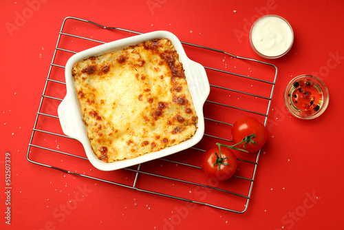 Concept of delicious food, lasagna, top view © Atlas