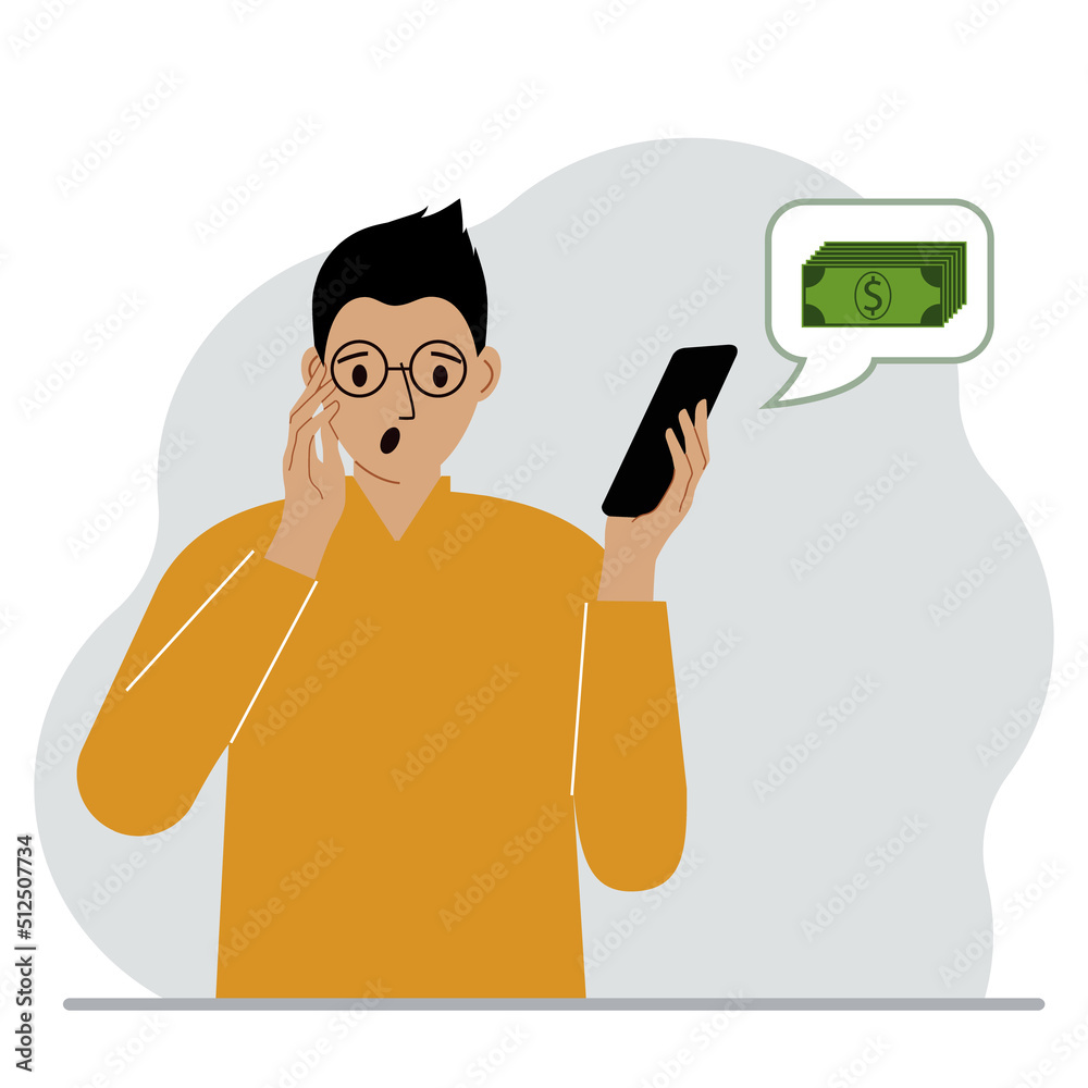 A screaming man is holding a phone that received a message about money. The concept of online earnings, gain or loss of income.