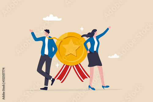 Professional or expert who success and win award, best office employee or specialist with skills to achieve goal concept, success businessman and businesswoman professional stand with star award. photo