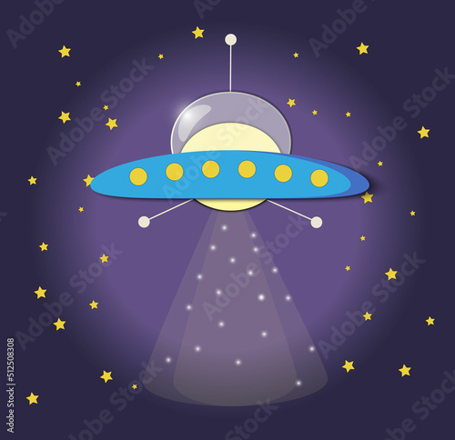 World UFO Day. Blue flying saucer in the night sky. Vector illustration