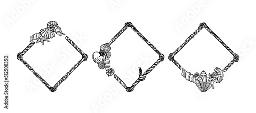 A set of nautical templates. Rope with seashells and starfish, hand-drawn in sketch style. Rope with knots. Sea creatures. Summer. Ocean. Frames for photos, social media and posters.