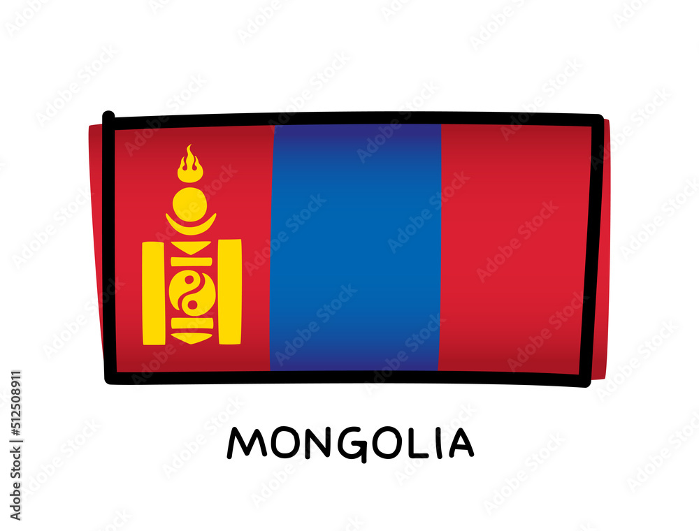 Flag of Mongolia. Colorful Mongolian flag logo. Red and blue brush strokes, hand drawn. Black outline. Vector illustration Flag of Mongolia. Colorful Mongolian flag logo. Red and blue brush strokes, hand drawn. Black outline. Vector illustration