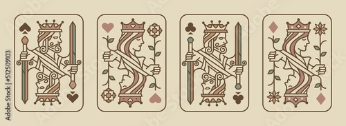 playing card vintage illustration. set of King and queen playing card vector illustration set of hearts, Spade, Diamond and Club, Royal cards design collection in retro color theme