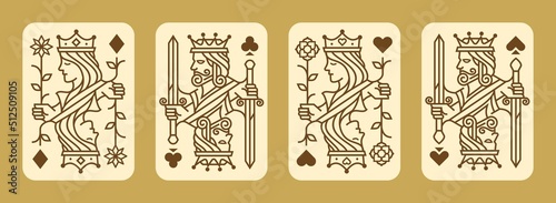 playing card vintage illustration. set of King and queen playing card vector illustration set of hearts, Spade, Diamond and Club, Royal cards design collection in retro color theme