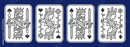 playing card vintage illustration. set of King and queen playing card vector illustration set of hearts, Spade, Diamond and Club, Royal cards design collection in retro color theme