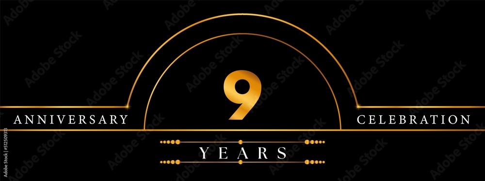 Obraz premium 9 Anniversary Celebration Circle Gold Number Template Design. Poster Design For magazine, banner, happy birthday, ceremony, wedding, jubilee, greeting card and brochure.