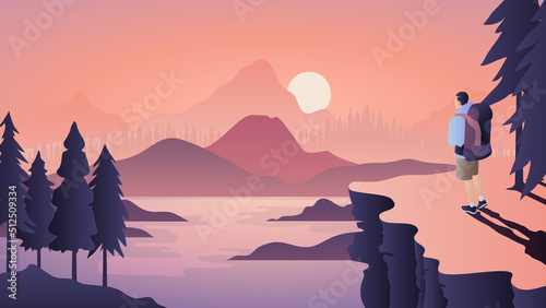 Man with backpack, traveller or explorer standing on top of mountain or cliff and looking on valley. Concept of discovery, exploration, hiking, adventure tourism and travel. Flat vector illustration.