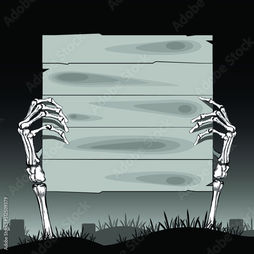 Skeleton's hands hold a wooden plaque. Halloween vector illustration.