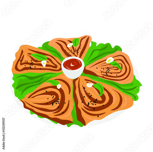 Plate with tasty samsas and sauce on white background