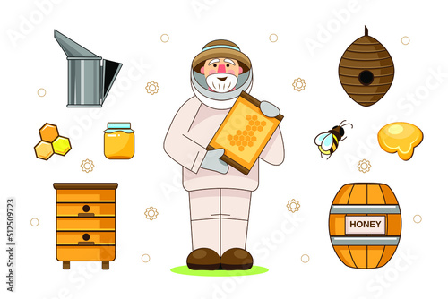 Set with senior male beekeeper, honey, hive and bee smoker on white background