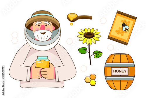 Set with senior male beekeeper, honey and sunflower on white background photo