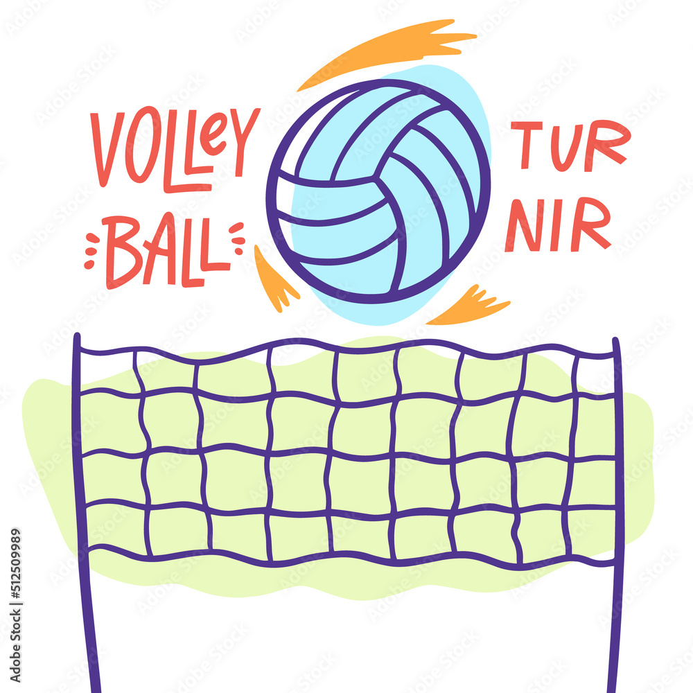 Volleyball hand drawn colorful cartoon style. Doodle vector