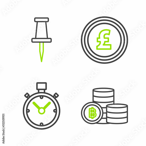 Set line Cryptocurrency coin Bitcoin, Stopwatch, Coin money with pound sterling symbol and Push pin icon. Vector