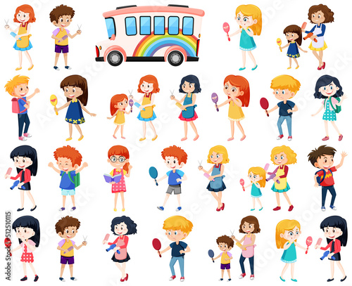 Set of cute school kids cartoon characters