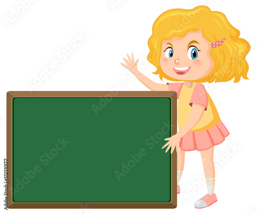 Cute girl with empty chalkboard isolated