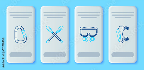 Set line Crossed paddle, Diving mask, Carabiner and Knee pads icon. Vector