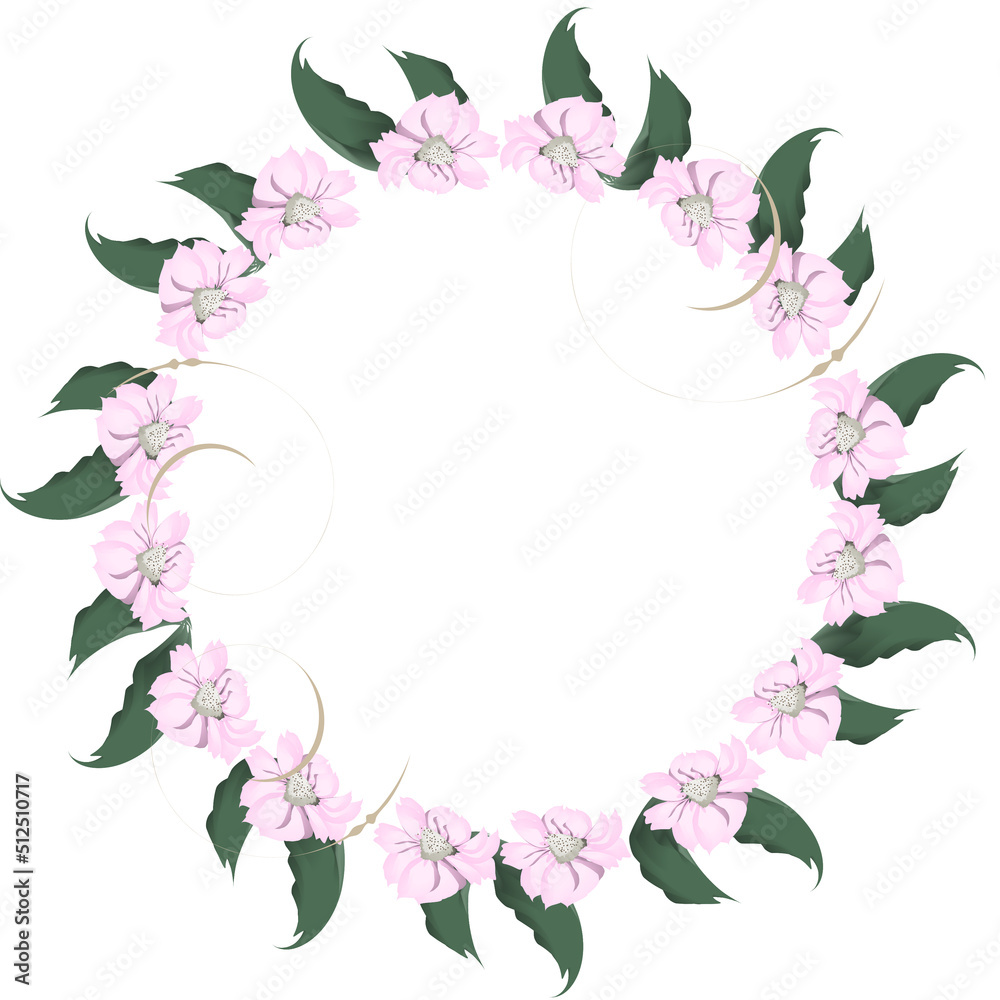 A wreath of pink flowers, framed by green leaves on a white background.3d.