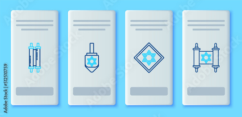 Set line Hanukkah dreidel, Star of David, Torah scroll and icon. Vector