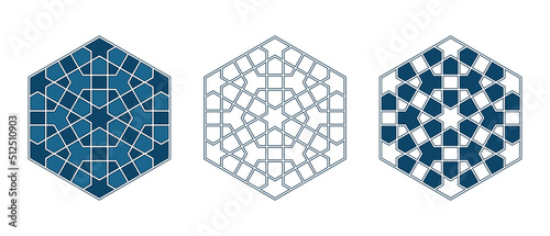Set of Islamic traditional rosettes as a frame for greetings cards decoration with word Shukran. Shukran means thanks in Arabic Vector illustration.