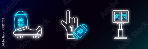 Set line Sport football mechanical scoreboard and result display, Soccer shoes with spikes and Number 1 one fan hand glove finger raised american icon. Glowing neon. Vector