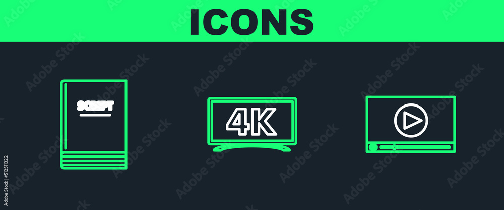 Set line Online play video, Scenario and icon. Vector Set line Online play video, Scenario and icon. Vector