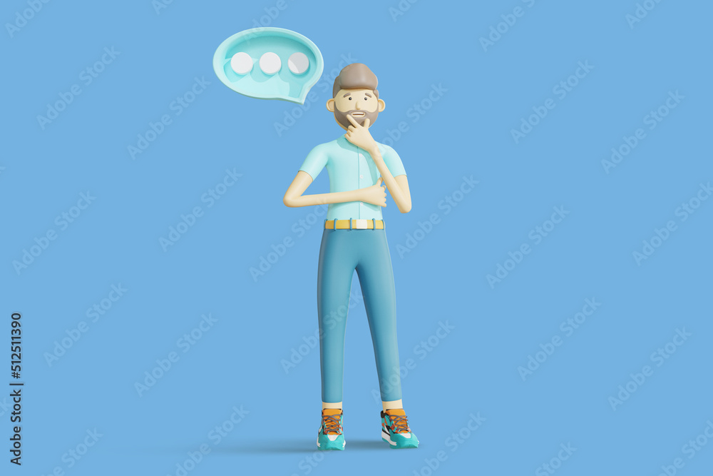 3d male character thinking about something social media concept. 3d rendering 3d male character thinking about something social media concept. 3d rendering