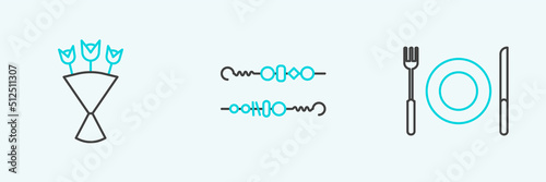 Set line Plate, fork and knife, Bouquet of flowers and Grilled shish kebab icon. Vector