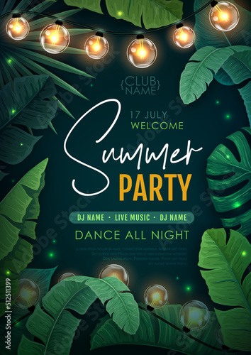 Summer disco party poster with tropic leaves and string of lights. Summer background. Vector illustration