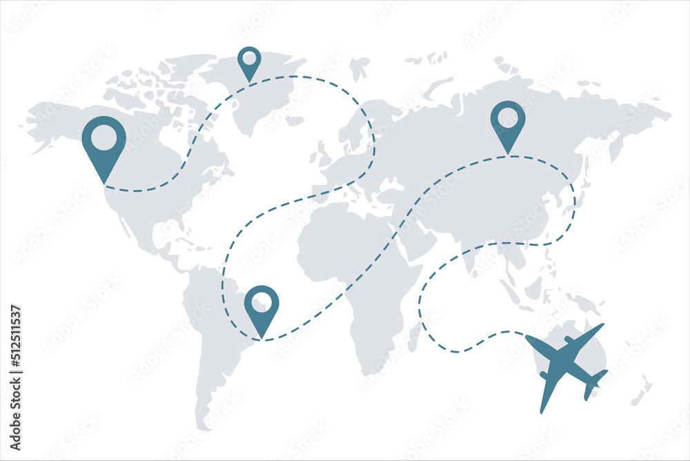 Premium Vector  Travel map with point markers airplane and dashed trace  line in world map background