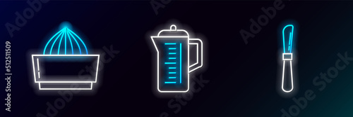 Set line Knife, Citrus fruit juicer and Teapot icon. Glowing neon. Vector