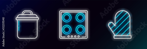 Set line Oven glove, Cooking pot and Gas stove icon. Glowing neon. Vector