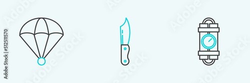 Set line Detonate dynamite bomb stick and timer clock, Parachute and Military knife icon. Vector
