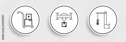 Set line Harbor port crane, Hand truck and boxes and Delivery drone with the package icon. Vector
