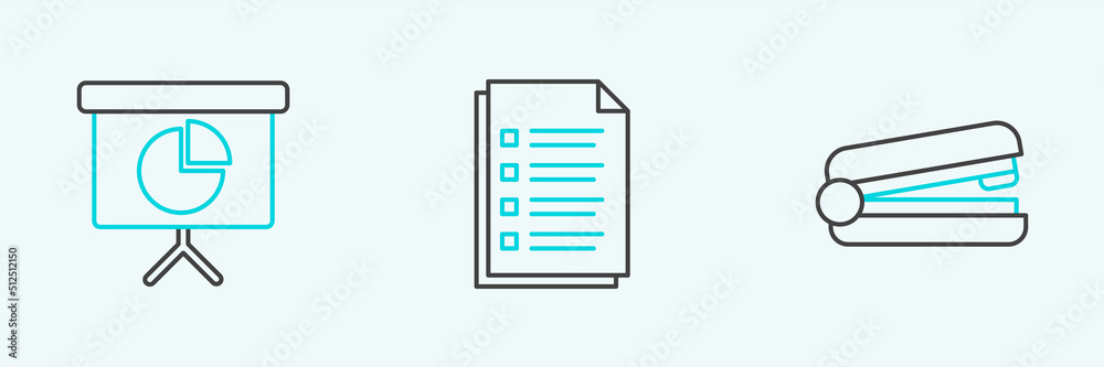 Set line Office stapler, Presentation financial board with graph, schedule, chart, diagram, infographic, pie graph and File document icon. Vector Set line Office stapler, Presentation financial board with graph, schedule, chart, diagram, infographic, pie graph and File document icon. Vector