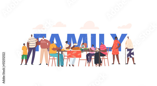 Happy Modern African Family Concept. Characters Mother, Father, Granny and Little Kids Having Dinner Around Table