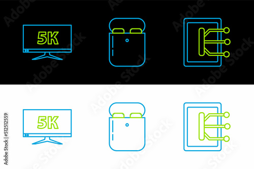 Set line Tablet, Monitor display with 5k video and Air headphones in box icon. Vector