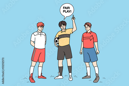 Referee with football players announce fair play on field. Sports activity concept. Men playing football outdoors. Flat vector illustration. 