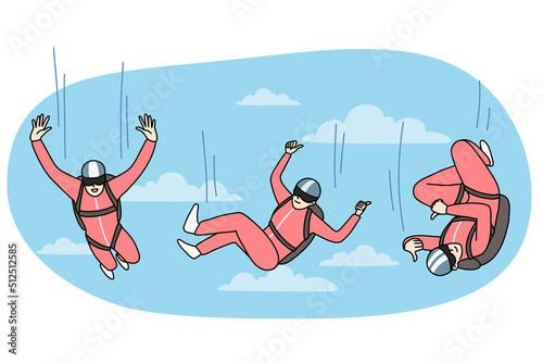 Happy person in protective suit falling down from sky with parachute. Concept of free falling. Extreme sport. Flat vector illustration. 