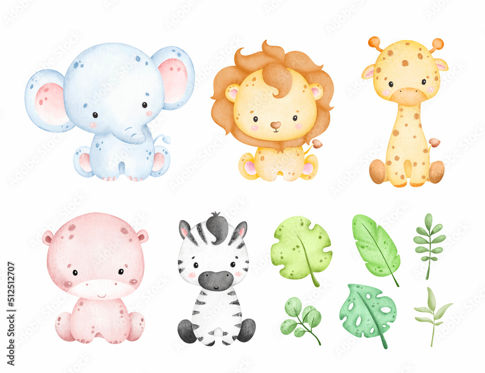 Watercolor set of Baby Safari Animals and tropical leaves in pastel color Watercolor set of Baby Safari Animals and tropical leaves in pastel color